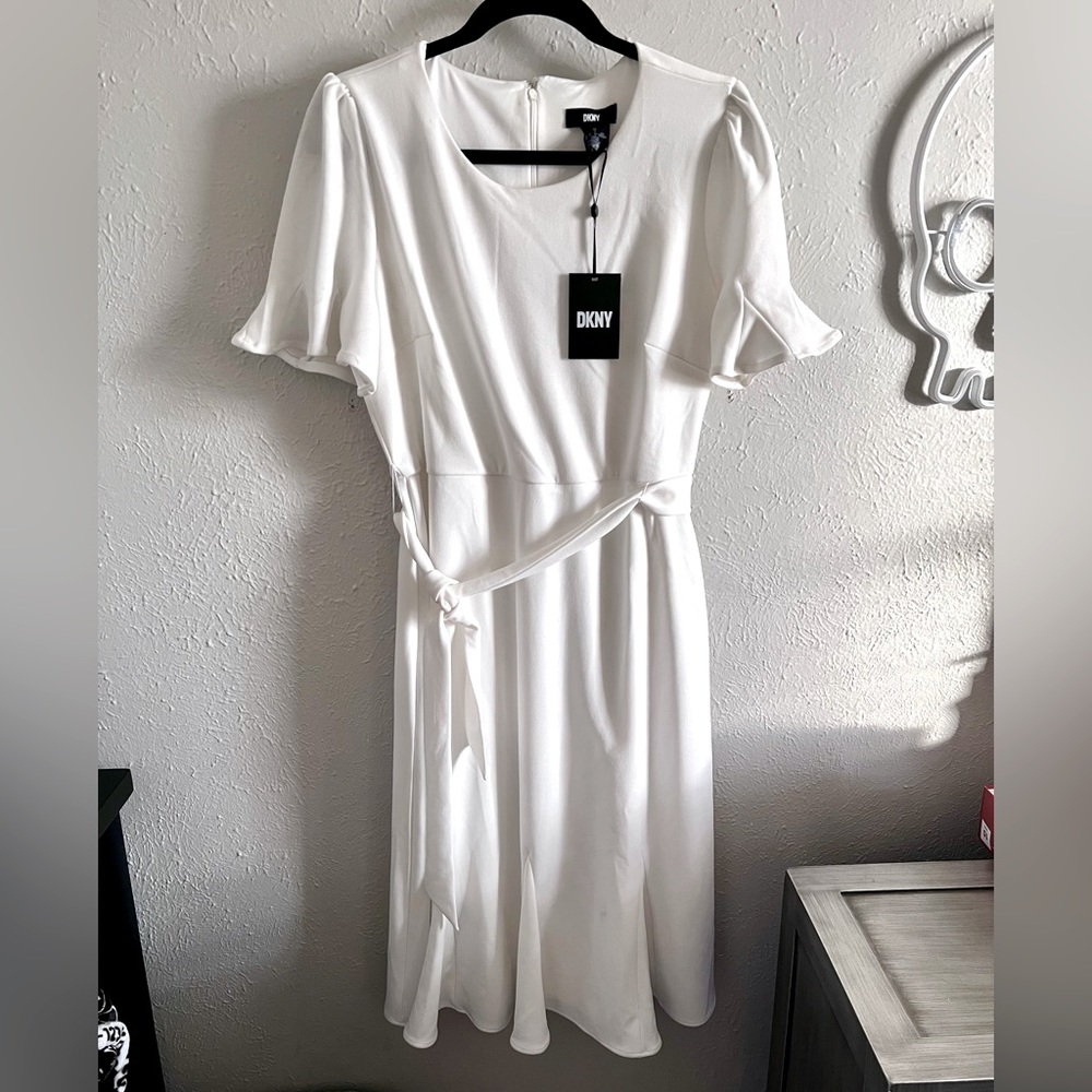 NWT DKNY White Flutter Sleeve Dress Women’s Size 10